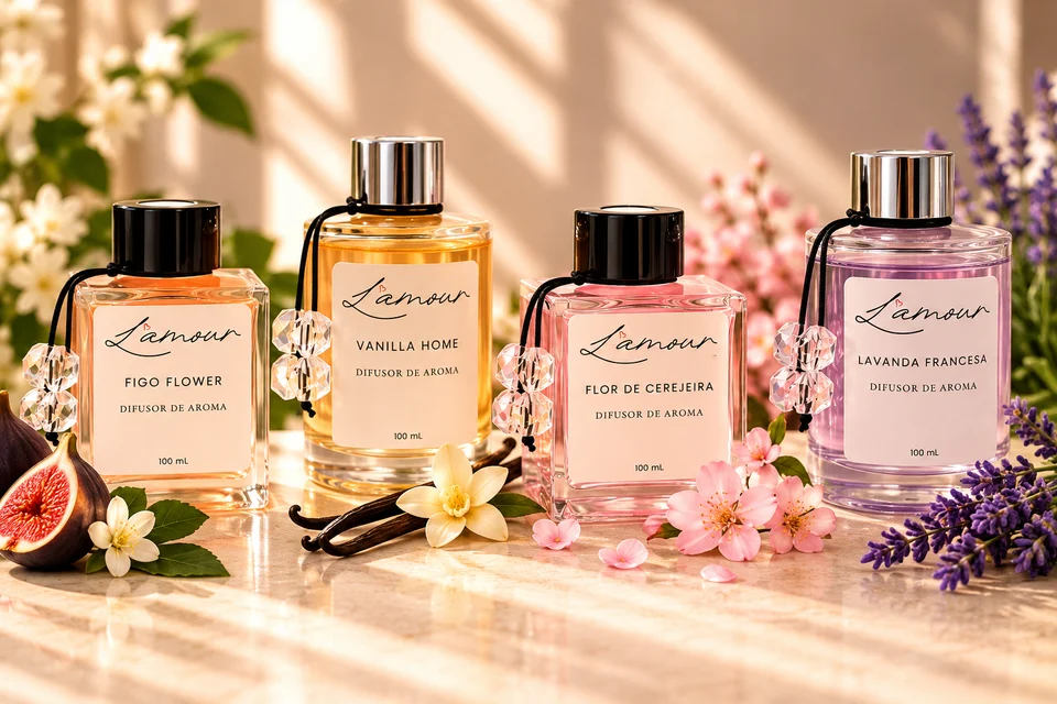 Difusores de aroma L'Amour: Figo Flower, Vanilla Home, Flor de Cerejeira e Lavanda Francesa